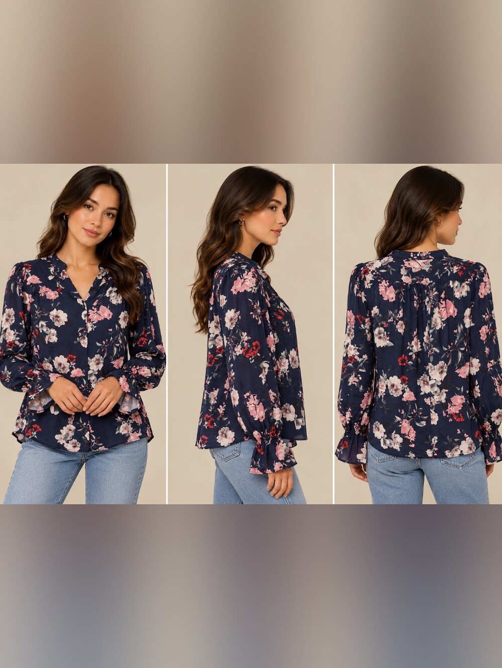 RW&CO. Navy Floral Long-Sleeve Ruffle Cuff Blouse